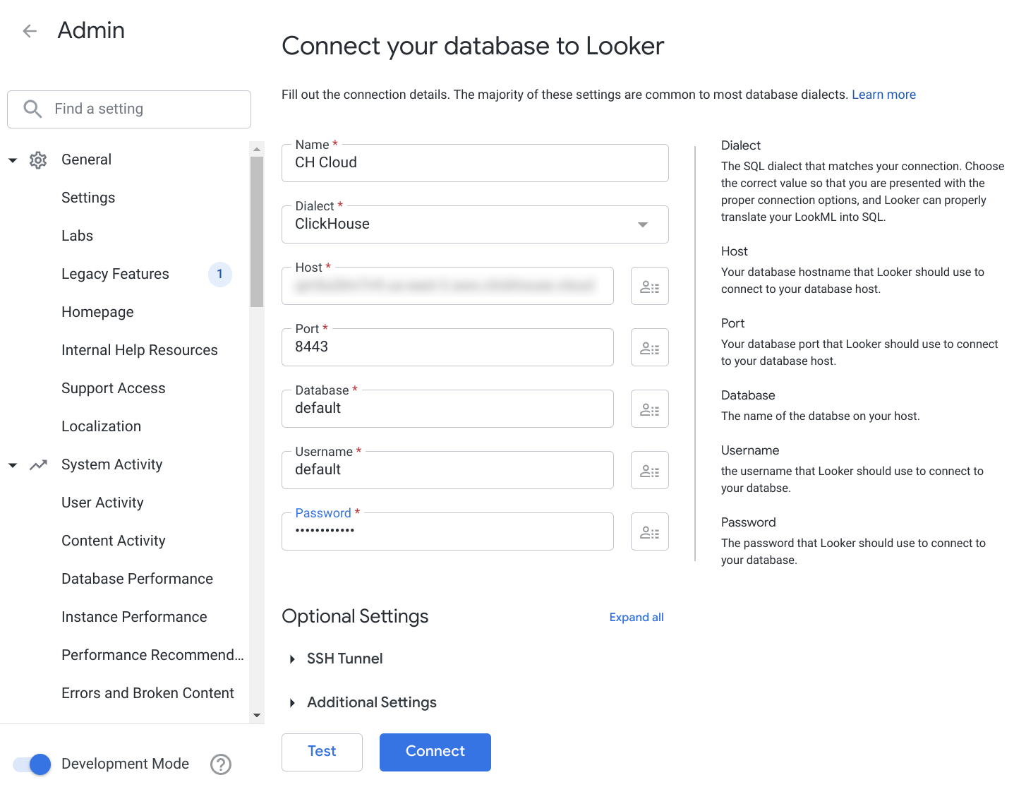 Specifying your ClickHouse credentials in Looker connection form - Zoomed