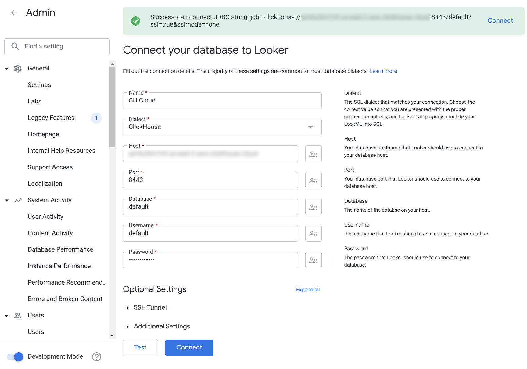 Testing and connecting to the ClickHouse data source - Zoomed